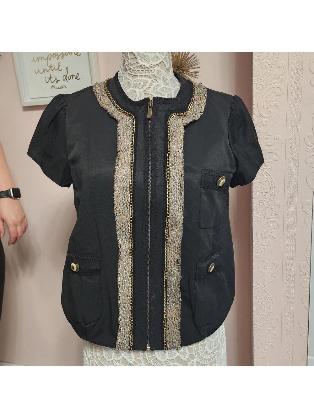 BCBGMAXAZRIA unique sleeve jacket/gorgeous gold chain neckline jacket M
